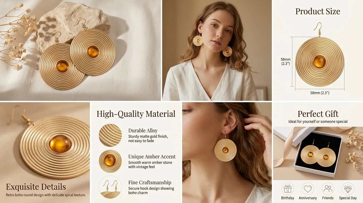 Spiral Disc Amber Drop Earrings - product details, dimensions and wearing references